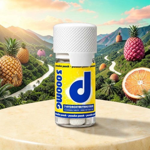 A bottle of flavored vape juice in a tropical landscape.