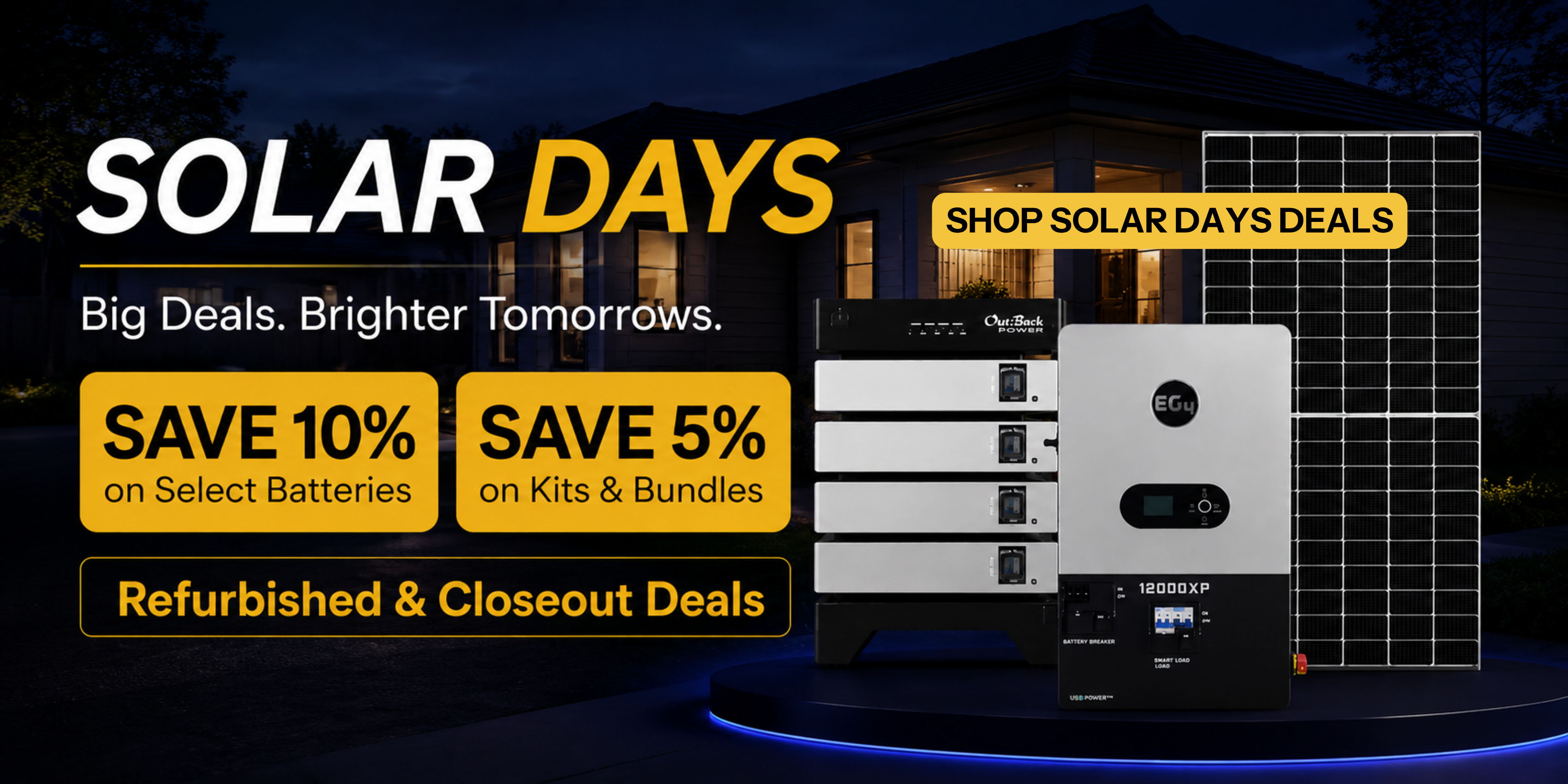 Promotional banner for Solar Days savings on solar products showing EG4, Outback Power, and solar panel products.