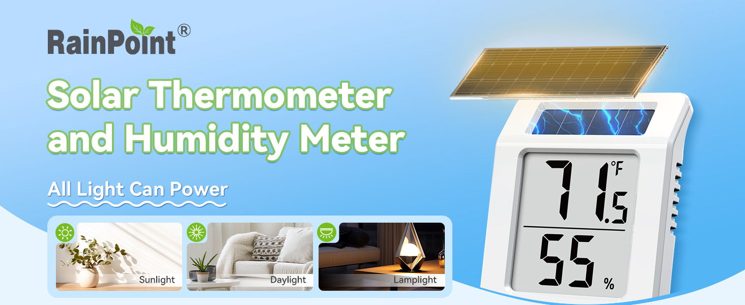 RainPoint solar thermometer and humidity meter display, showing temperature 71°F and humidity 55%.