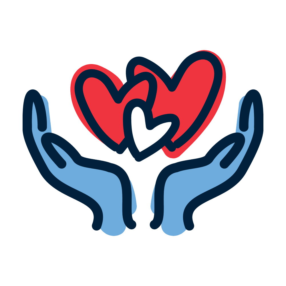 Graphic icon of two hands opening to reveal three floating hearts