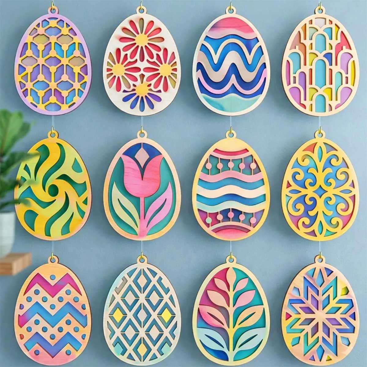 Colorful decorative Easter eggs arranged in a grid pattern.