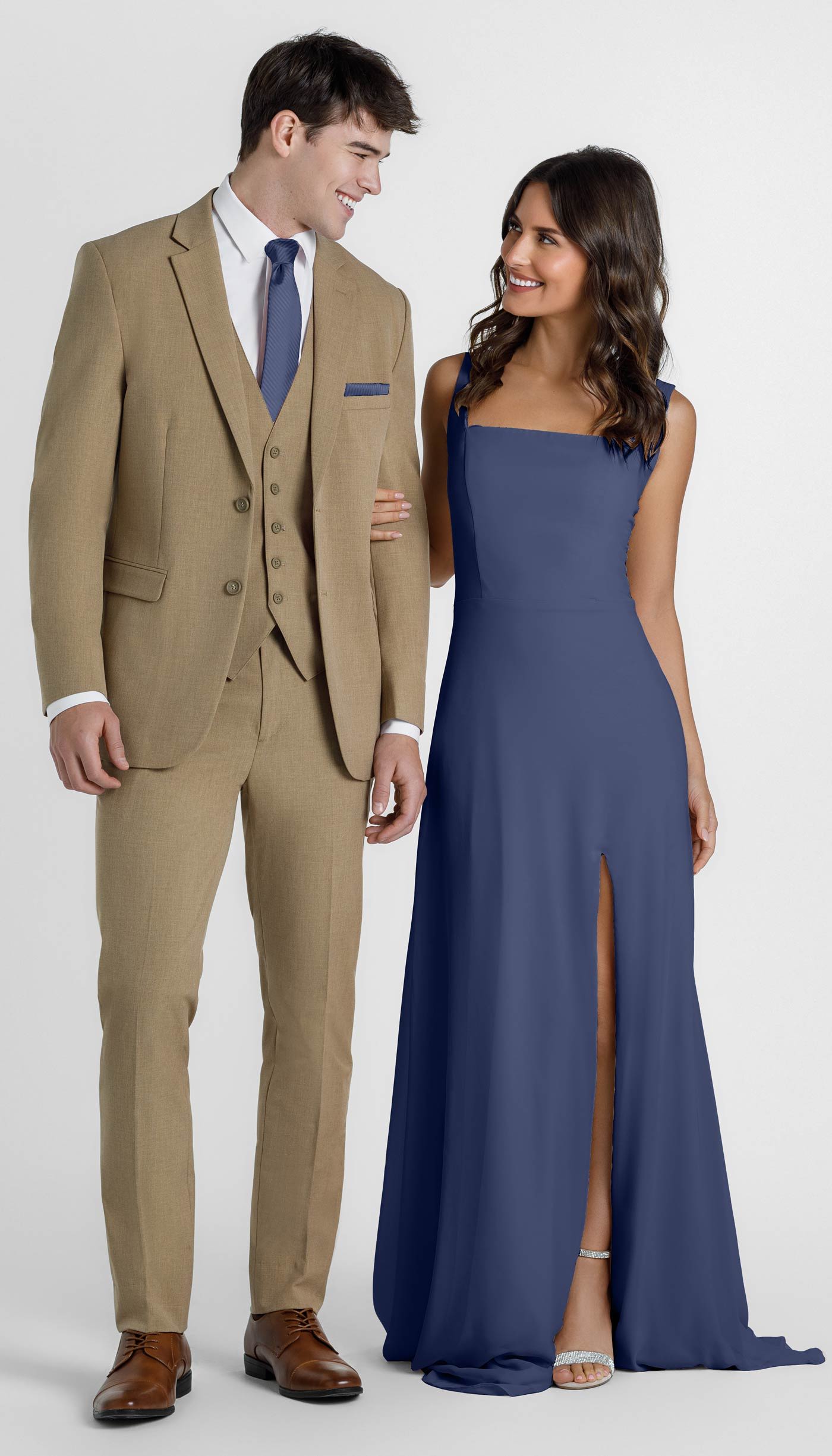 Camel Suit with Storm Bridesmaid Dress