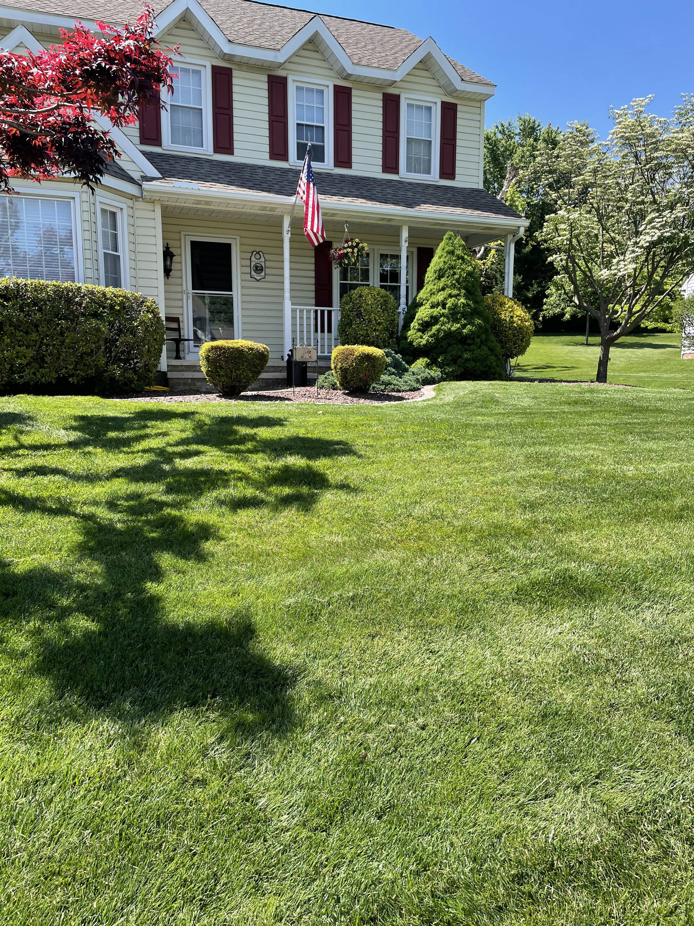 A picture of a house with a pretty lawn