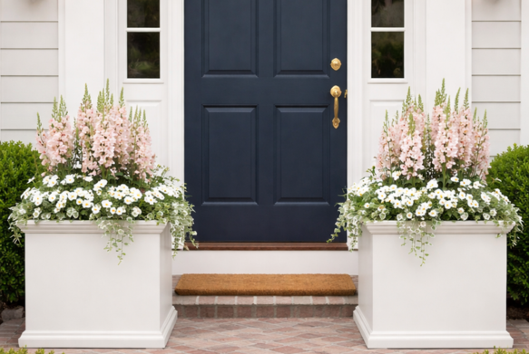 Front entrance with navy door and flower planters on either side.