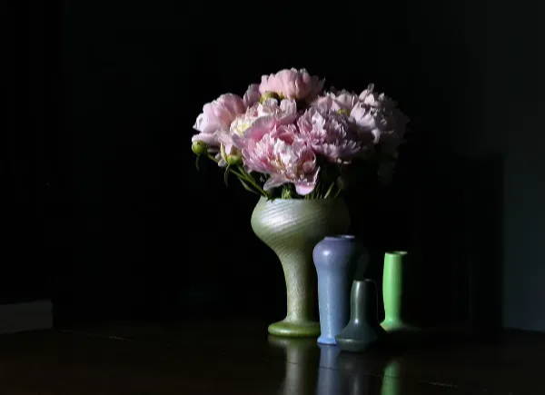 Pink flowers in pottery vase