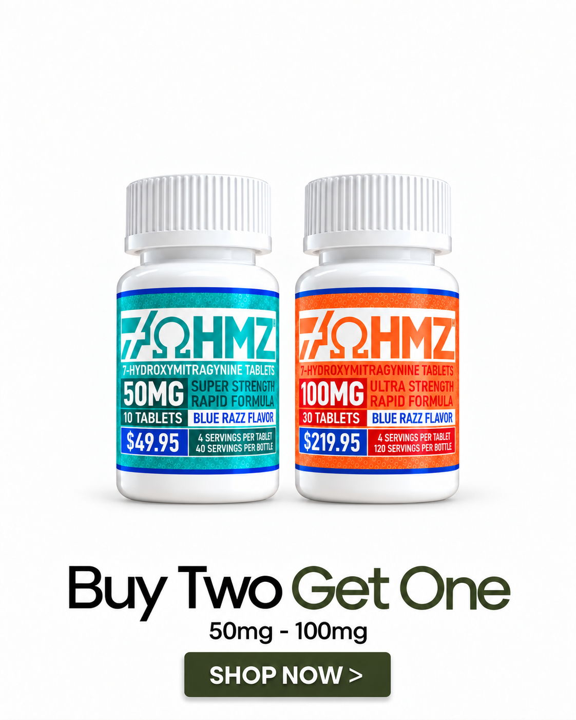 Bottles of tablets with pricing and promotional offer details.