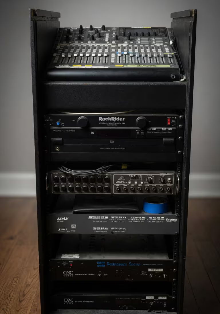 Audio equipment rack with various devices stacked vertically.