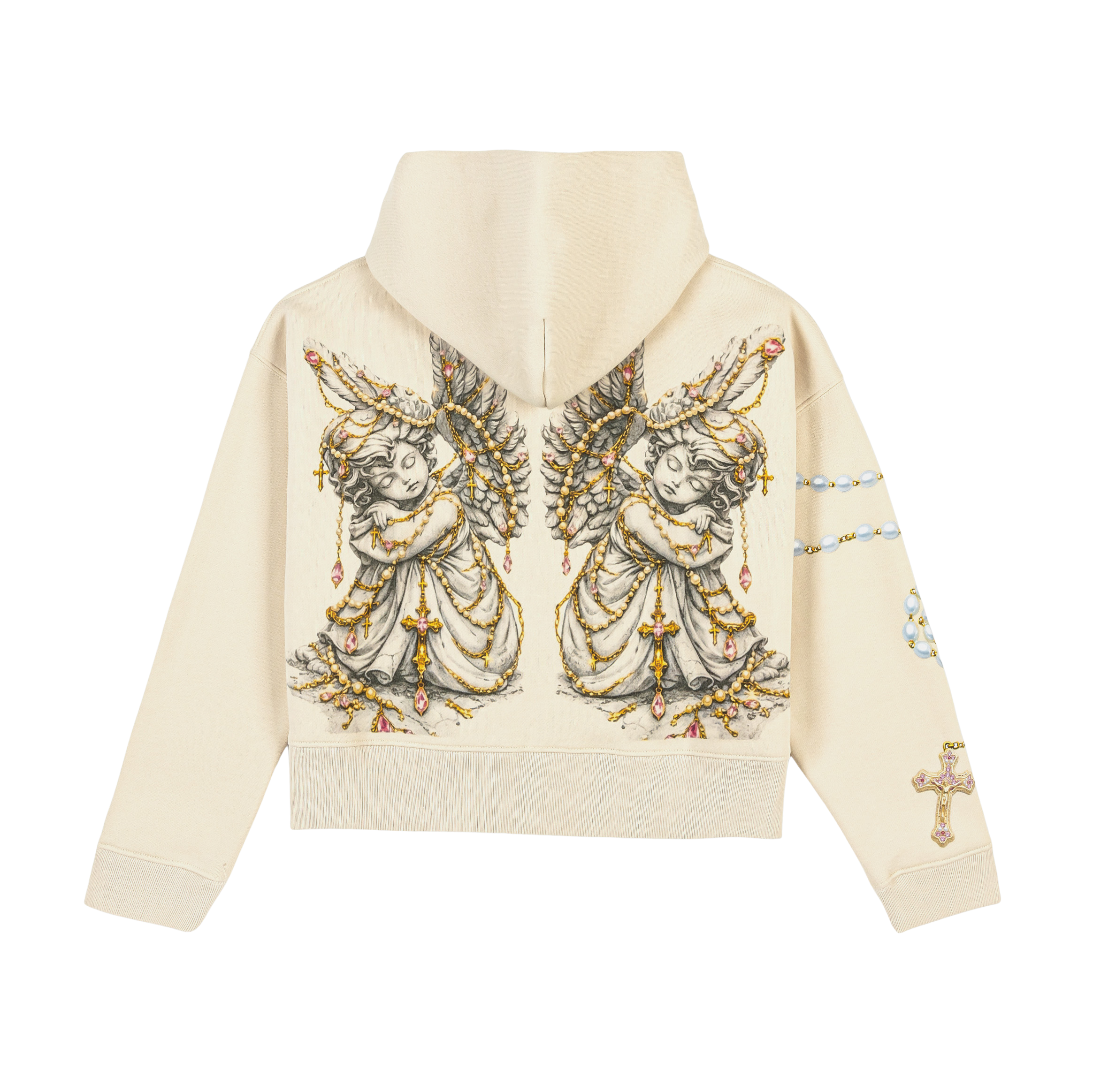 Cream zip-up hoodie with decorative embroidery and pockets.
