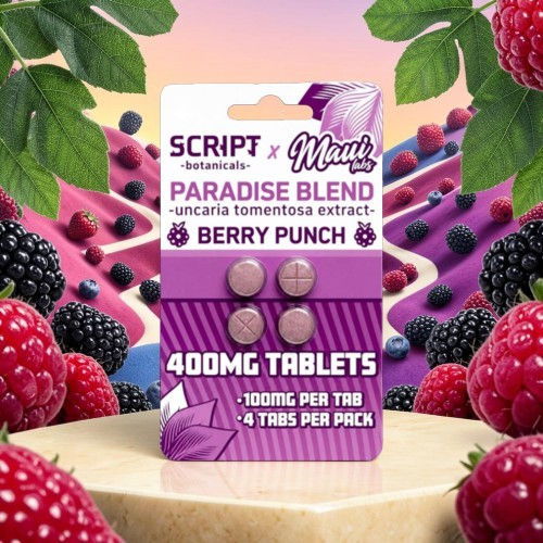 Berry Punch tablets with tropical background and fruit elements.