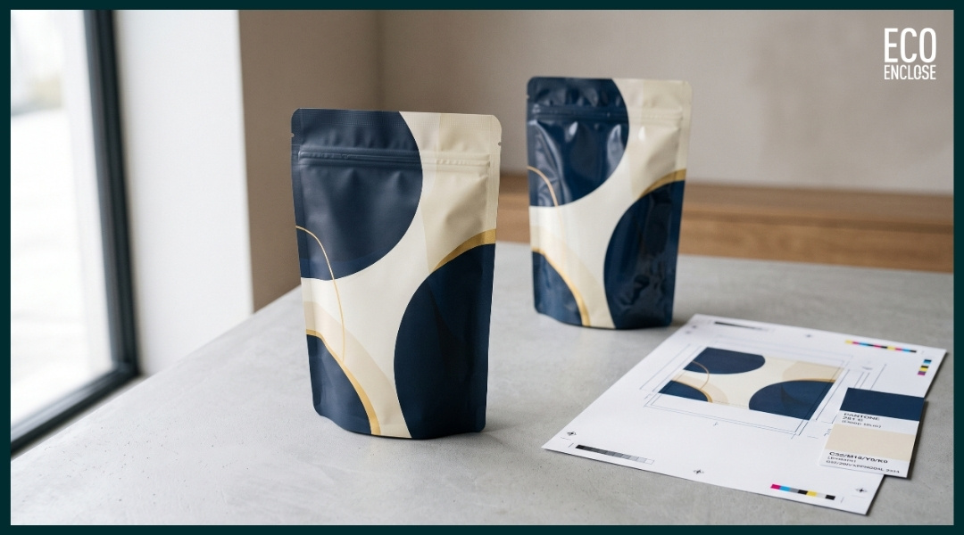 Two stylish packaging pouches with geometric designs on a table.