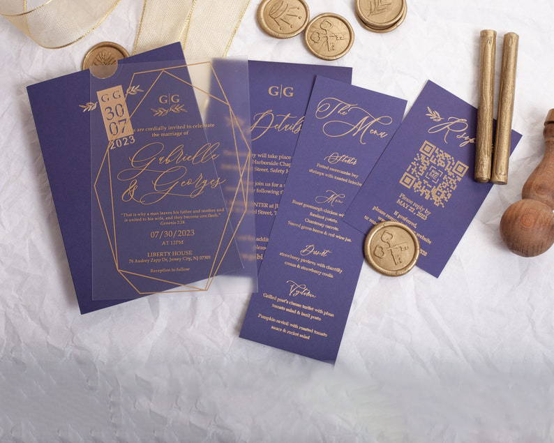 Purple and gold foil wedding invites