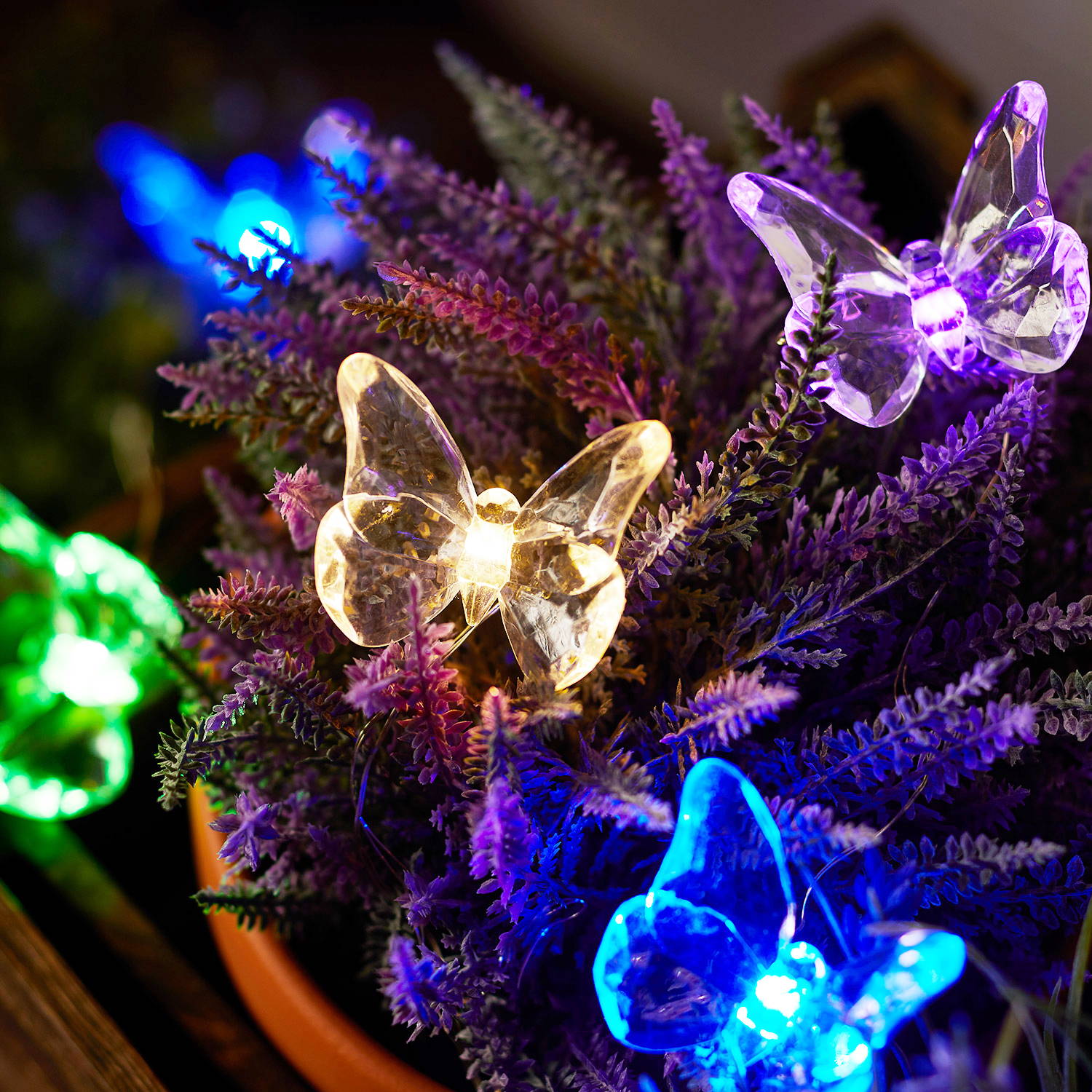 Multi-coloured butterfly micro lights positioned in a plant