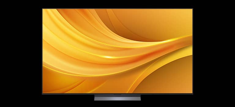 A modern television displaying an abstract yellow wave design.