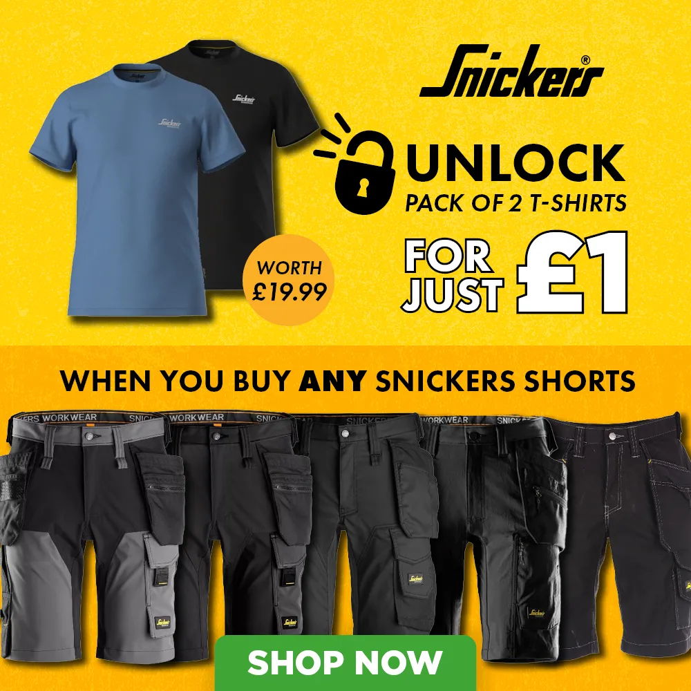 Promotional image for Snickers shorts and t-shirt offer. Shop now.