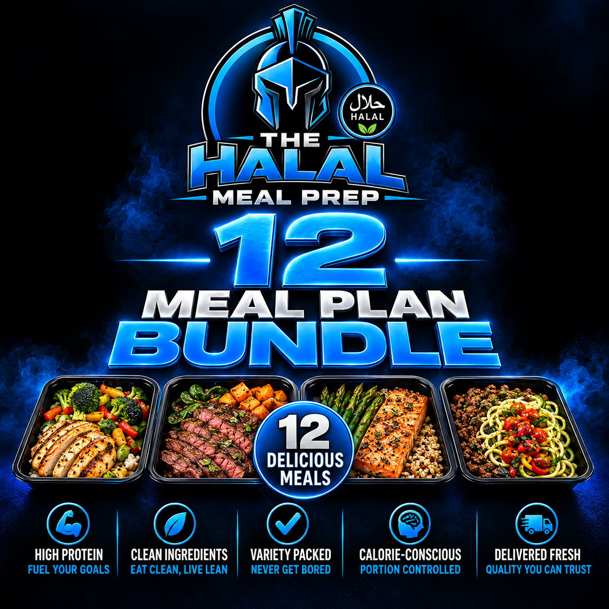 The Halal Meal Prep 12 Meal Plan Bundle featuring delicious halal meal delivery options including grilled chicken, steak, salmon, and healthy protein-packed meals. Fresh, portion-controlled meal prep delivered to your door.