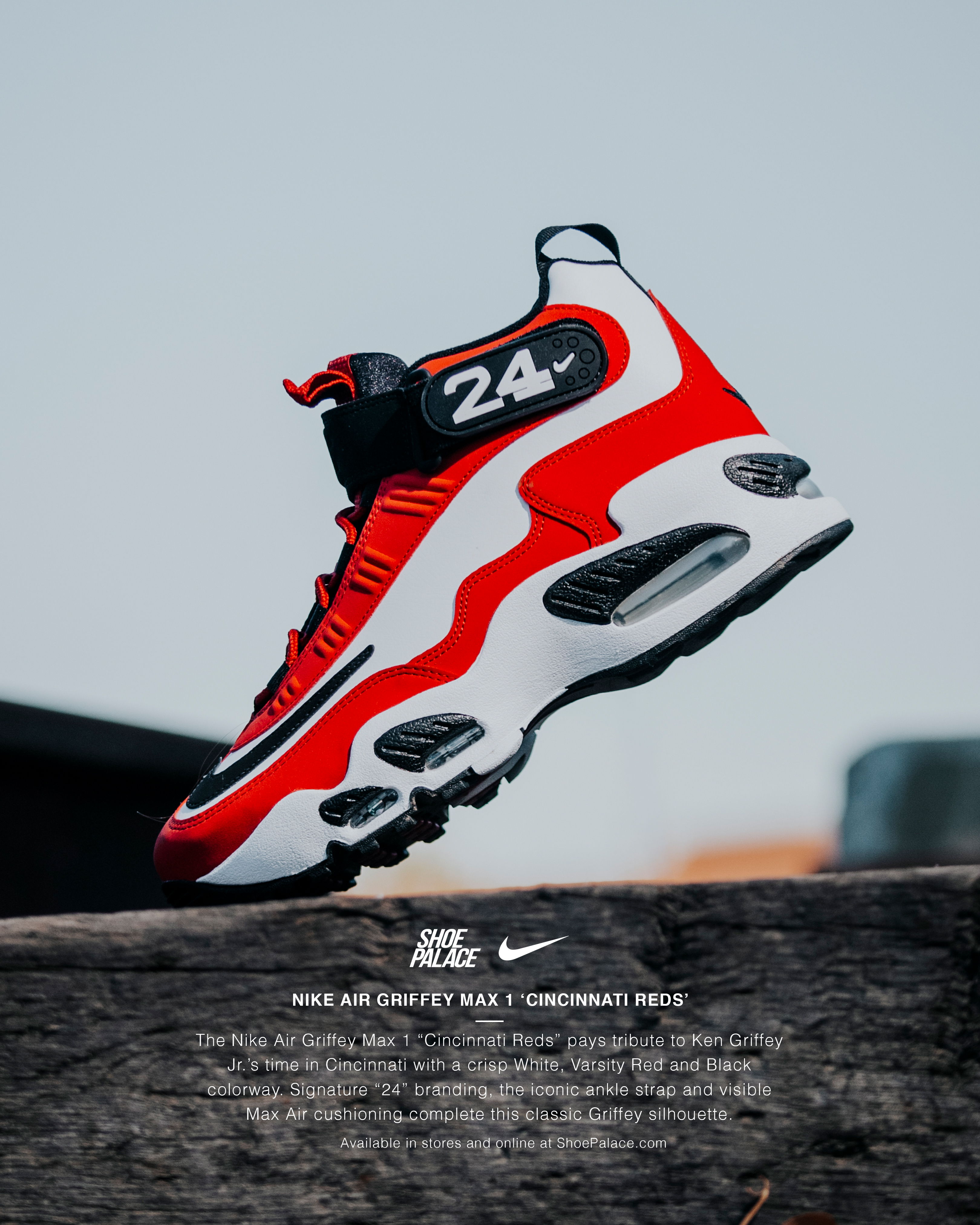 Red and white Nike sneaker with black accents and number 24 displayed.