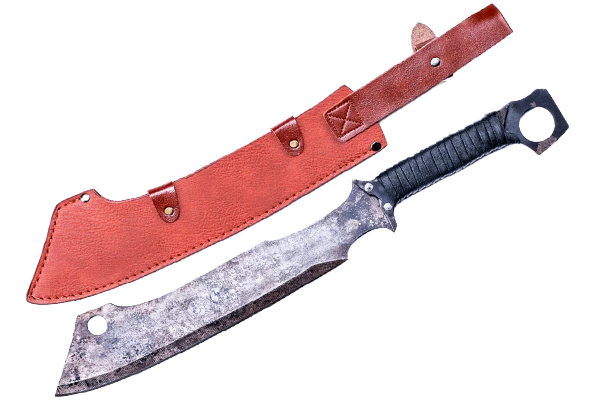 A large knife with a textured handle and a protective sheath.