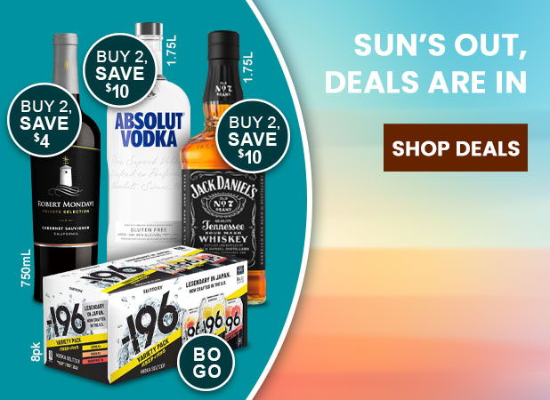 Promotional image for alcoholic beverages with savings offers and a call to action.
