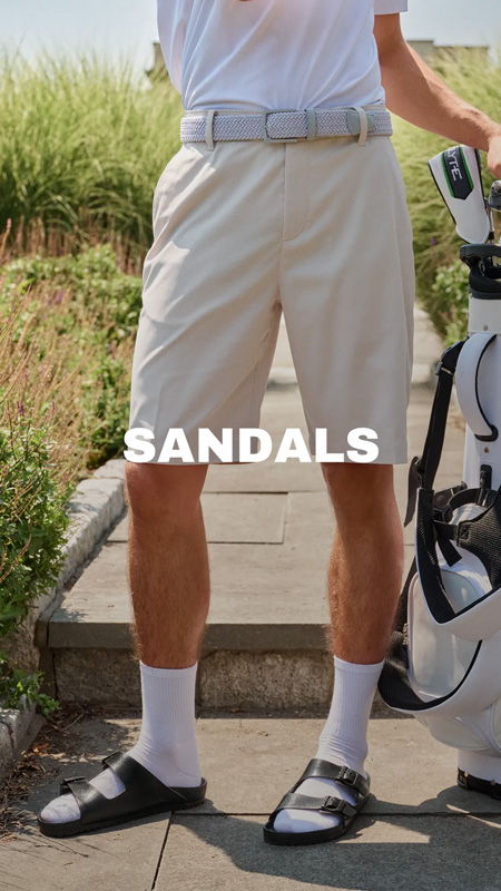 A person wearing shorts and sandals, with the text 