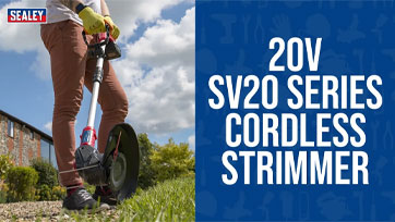 20V SV20 Series Cordless Strimmer in use outdoors, trimming grass.