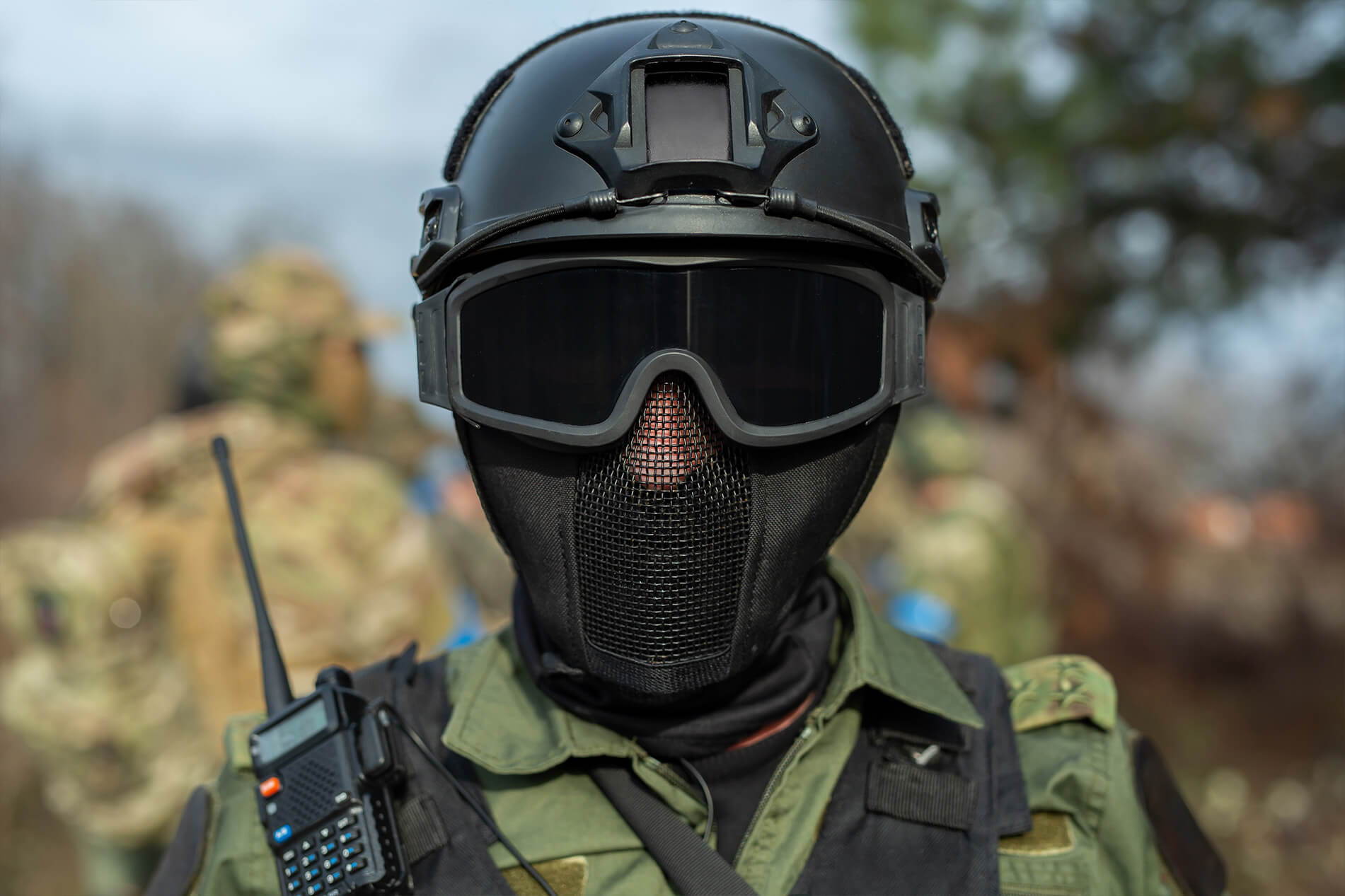 Photo of a guy wearing face protection airsoft