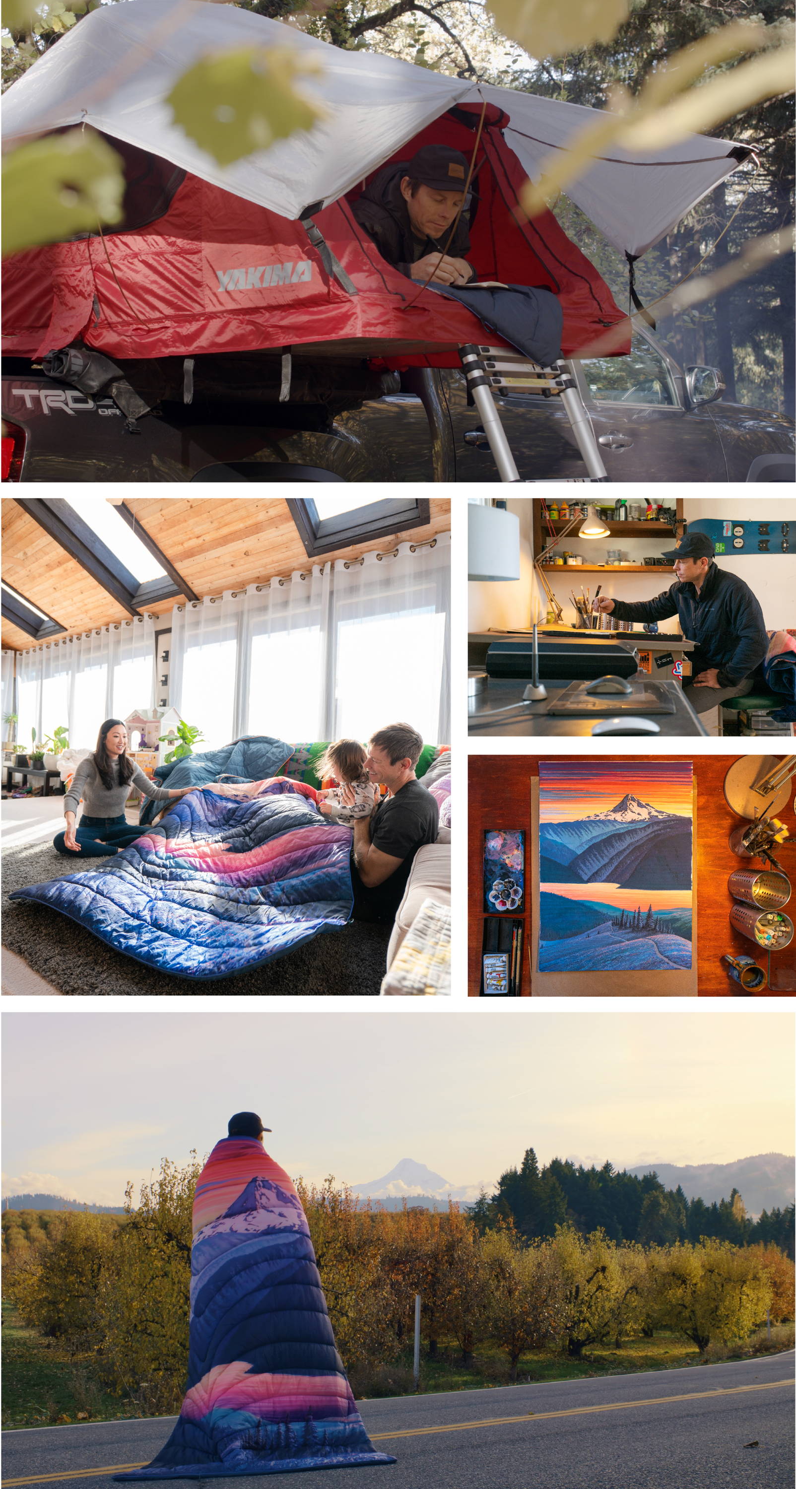 Picture collage of Adam Haynes relaxing with family, camping, and creating his art