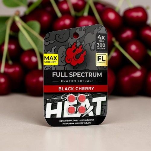 Black cherry kratom extract packaging with cherries in the background.