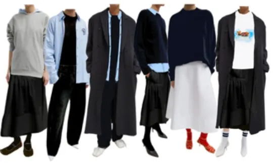 Fashionable outfits displayed on mannequins in various styles and colors.