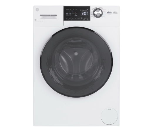 Front-loading washing machine with digital display and control panel.