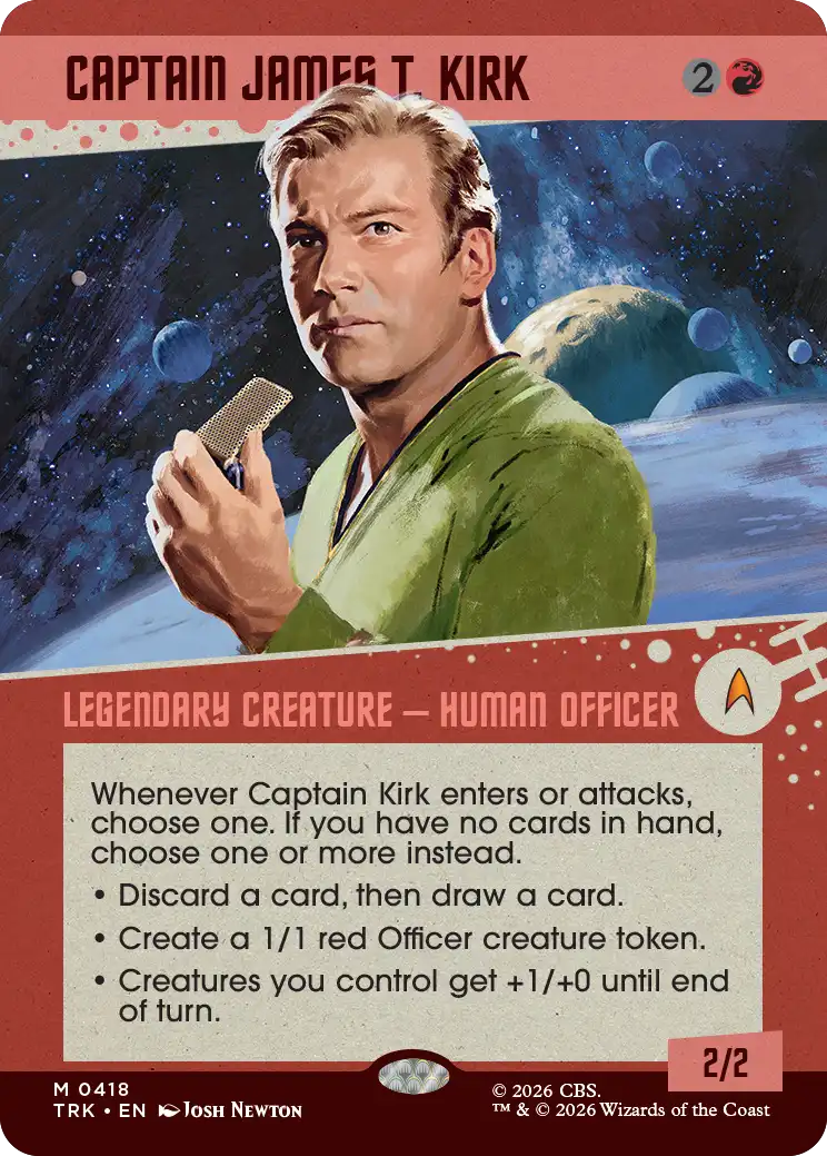 mtg star trek spoilers - Card featuring Captain James T. Kirk from Star Trek with game instructions.