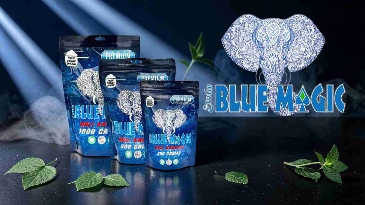 Packaging of Blue Magic product with an elephant logo and green leaves.