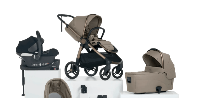 Various baby stroller and car seat models in neutral colors.
