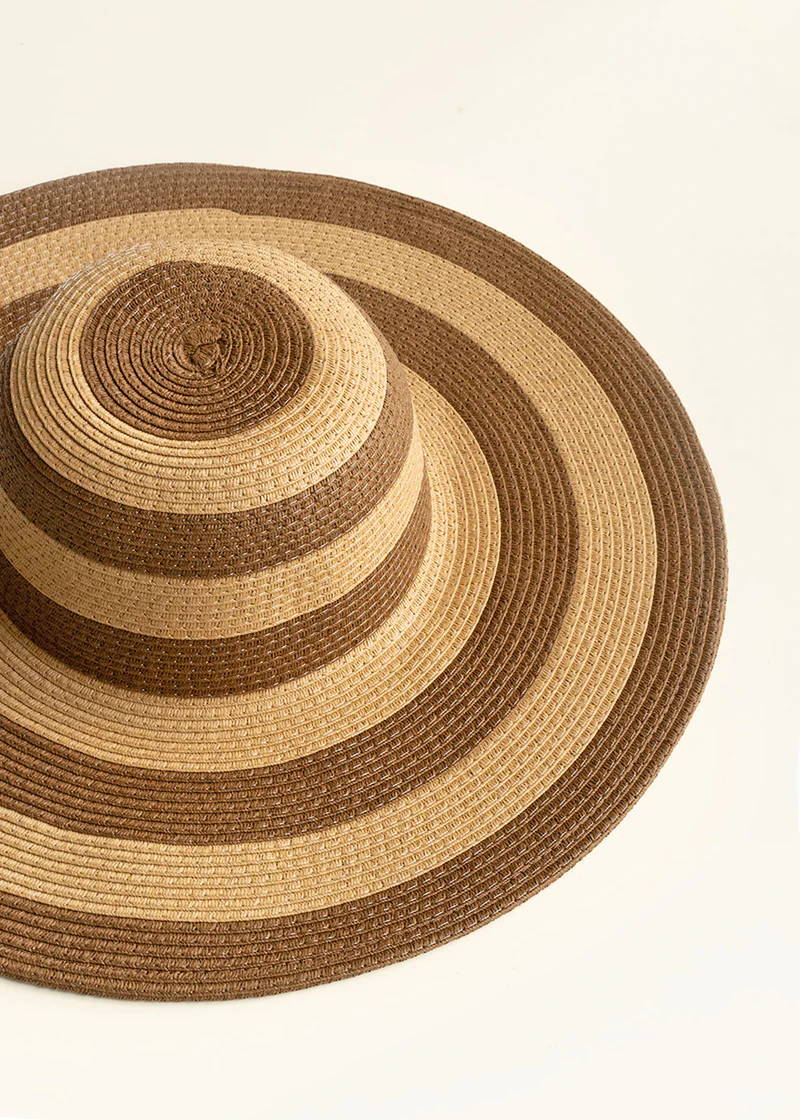 A brown and beige striped sun hat with a large brim