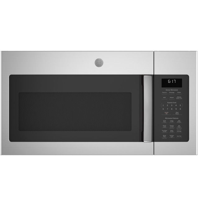 Stainless steel microwave oven with a black glass door and keypad.