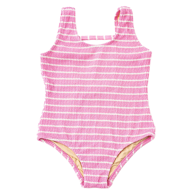 Pink striped one-piece swimsuit with shoulder straps.