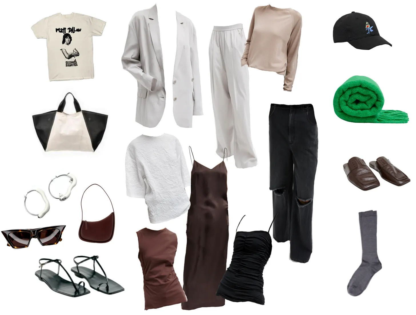 Assorted clothing items and accessories arranged in a collage.