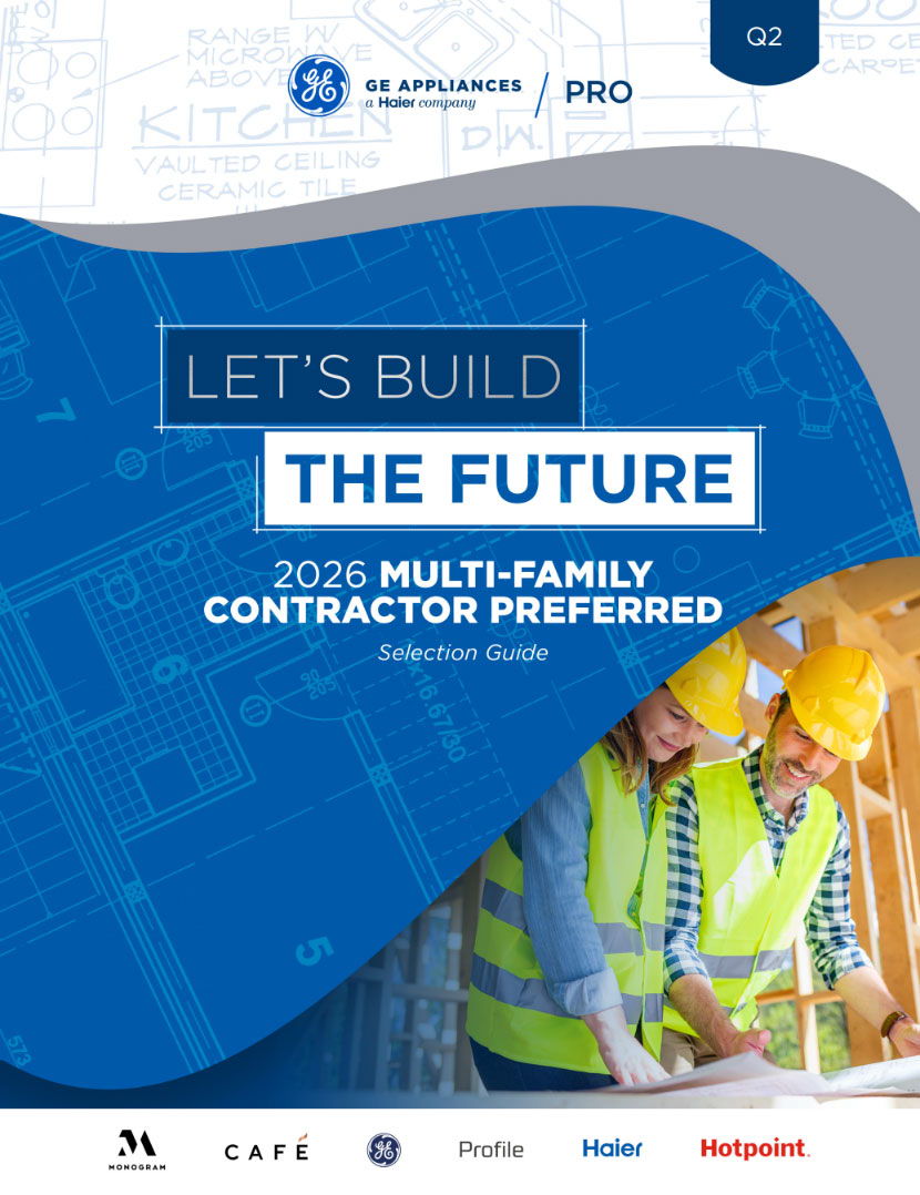 Cover of a contractor guide for multi-family projects by GE Appliances.