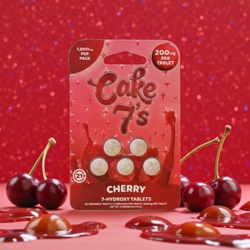 Cherry-flavored tablets in a red package with cherries and a sparkly background.