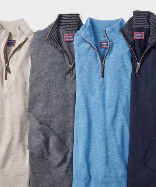 Collection of UNTUCKit sweaters in various colors. 