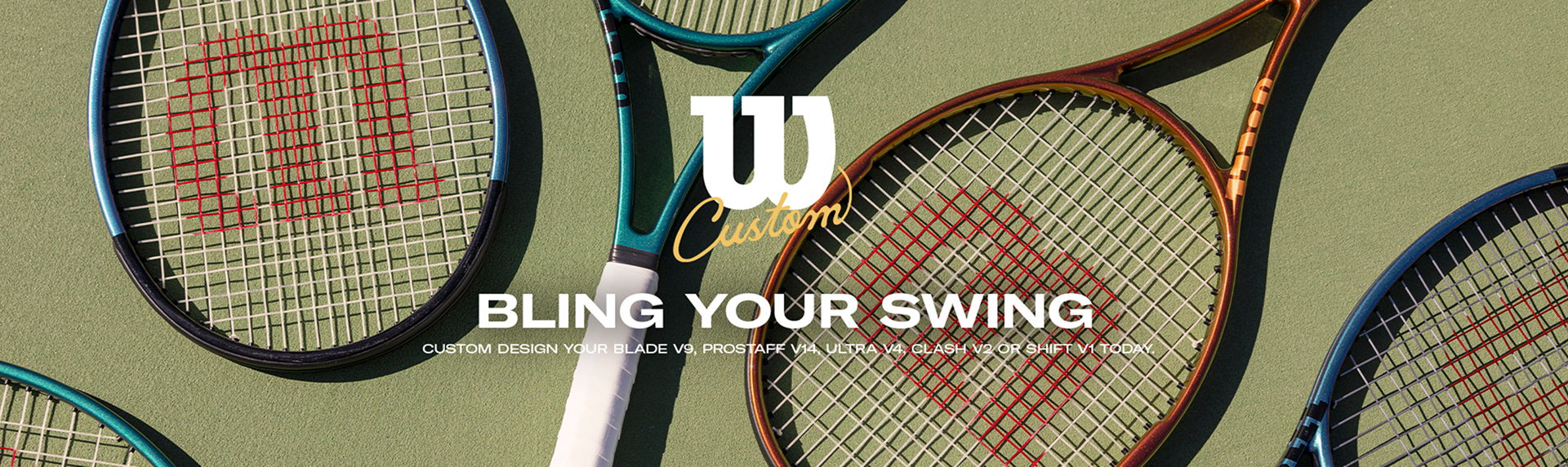 Various tennis rackets with the text 
