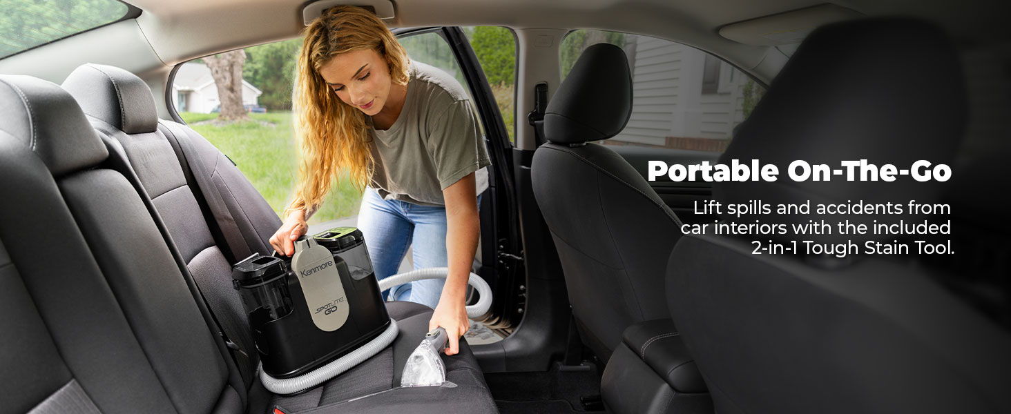 A woman cleans a car seat. Text reads 