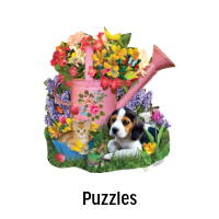 Puzzles. Image: SunsOut Spring Watering Can Jigsaw Puzzle.
