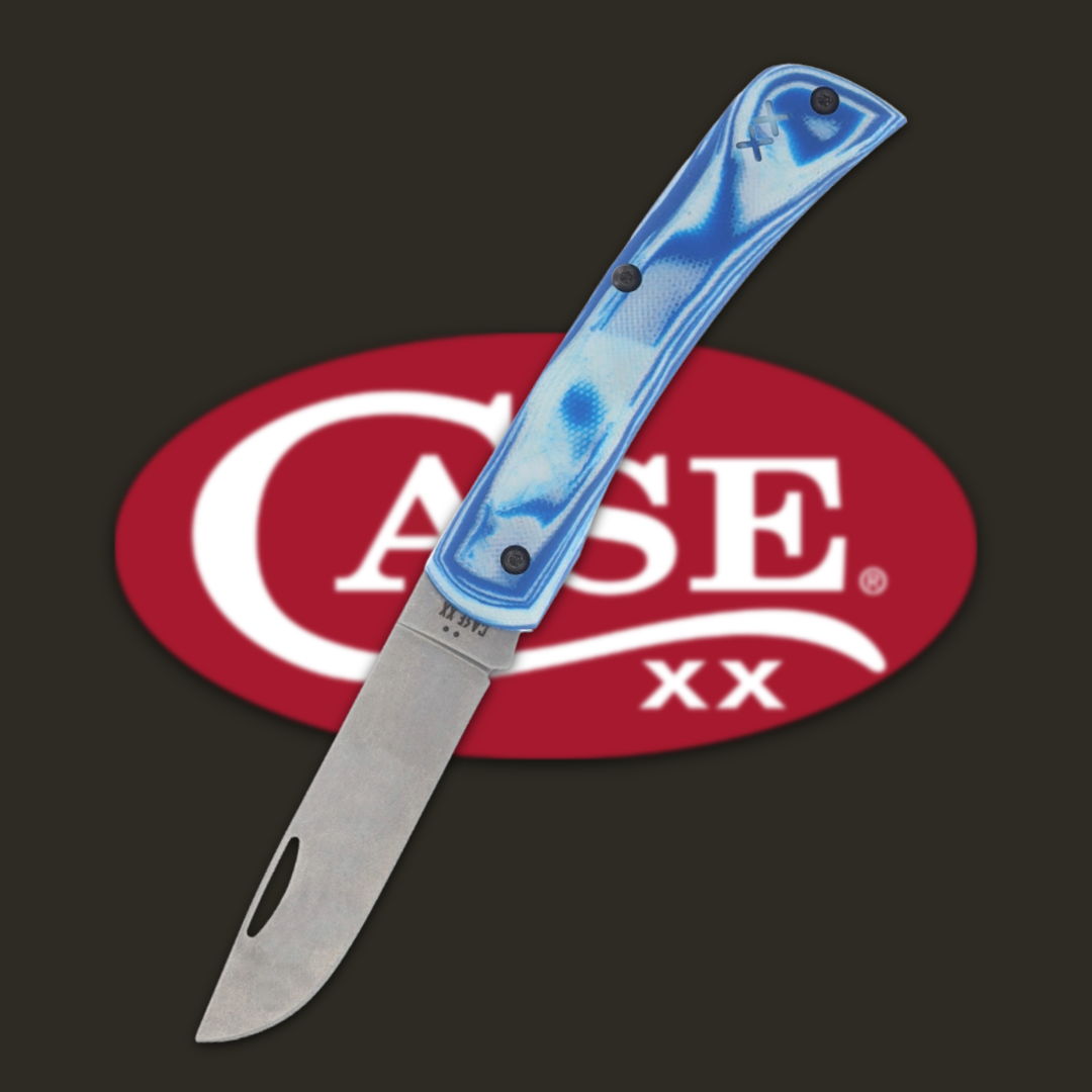 Blue-handled knife with a stainless steel blade, featuring the CASE logo.
