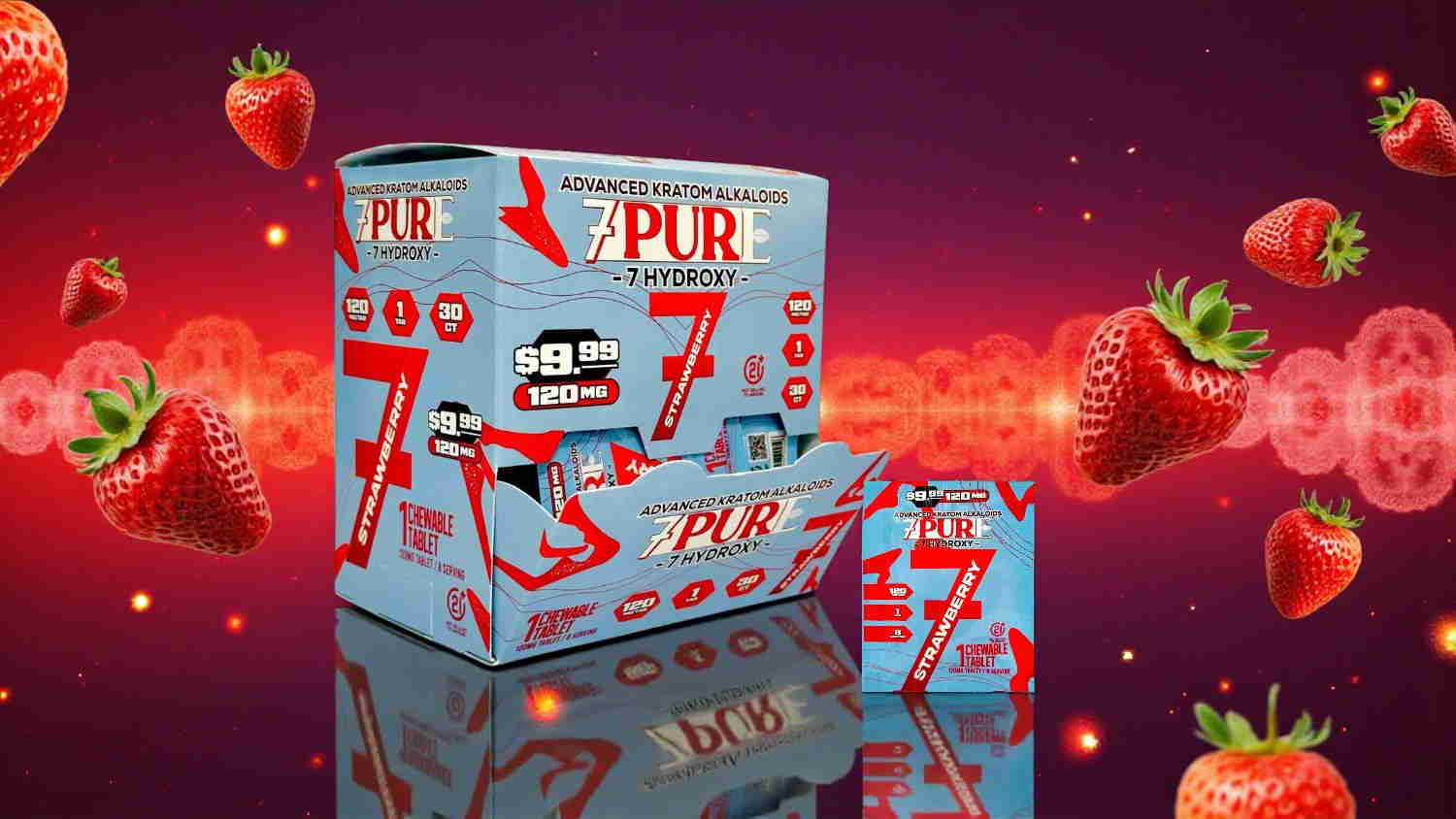 Packaging of PUR gum with strawberries in a vibrant background.