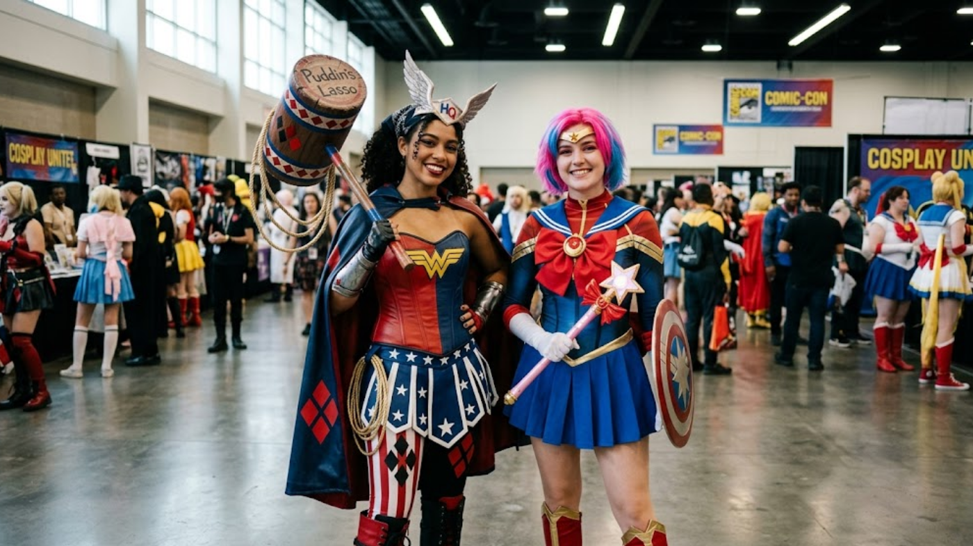 Mashup cosplayers in creative crossover costumes combining multiple characters or aesthetics, showcasing unique cosplay designs, vibrant outfits, and fandom-inspired character fusion at a convention or photoshoot