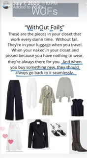 Text about essential wardrobe pieces with accompanying clothing items displayed.