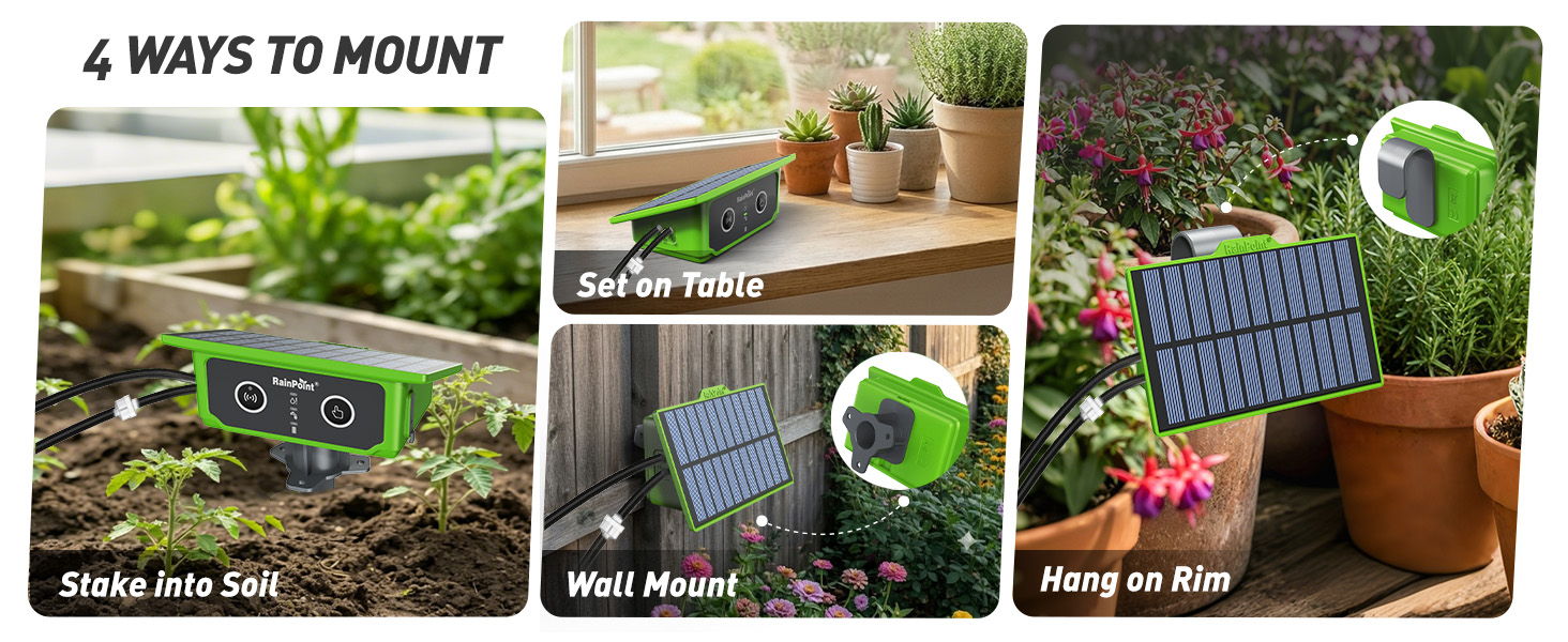 Four methods to mount a solar device in various garden settings.
