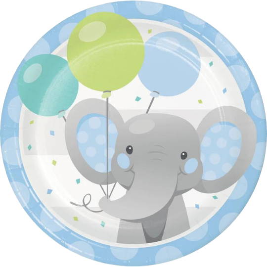 Grey elephant holding blue balloons printed on a plate