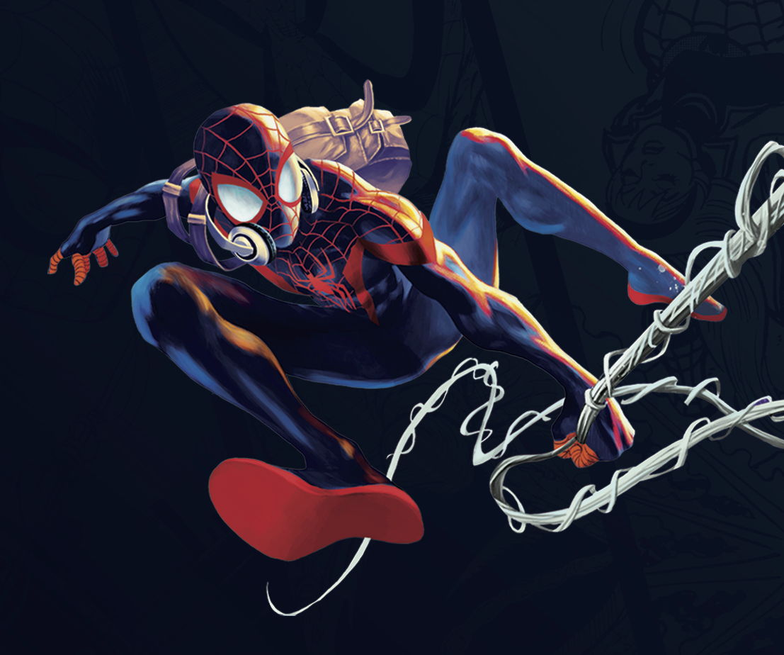 A superhero in a dynamic pose, swinging with webbing.