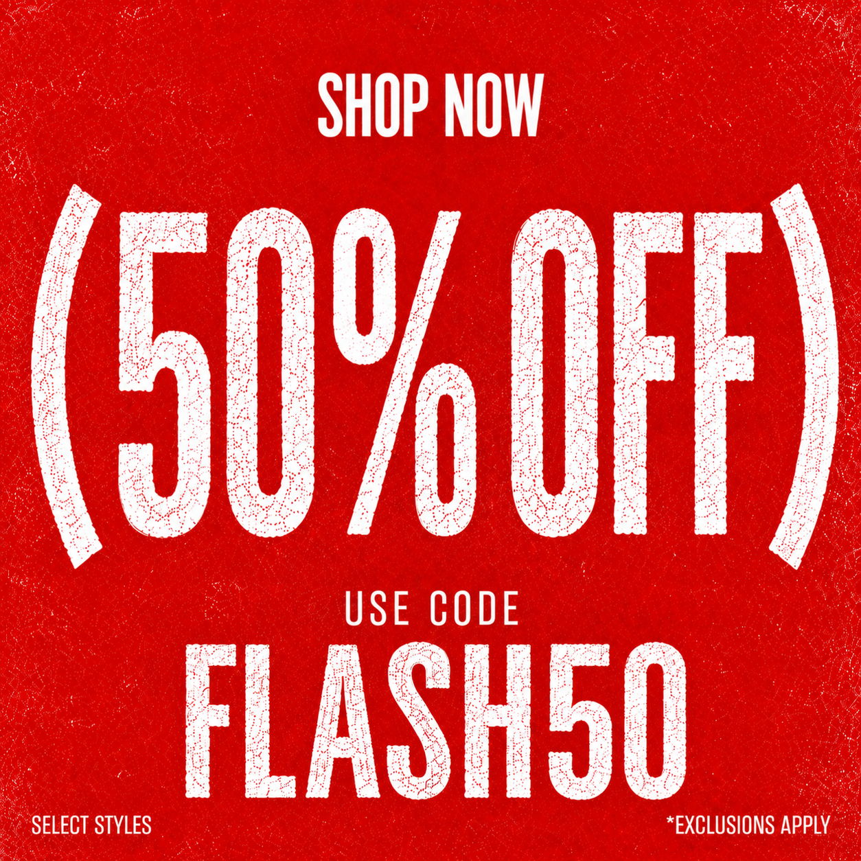 Red background with text promoting 50% off using code FLASH50.